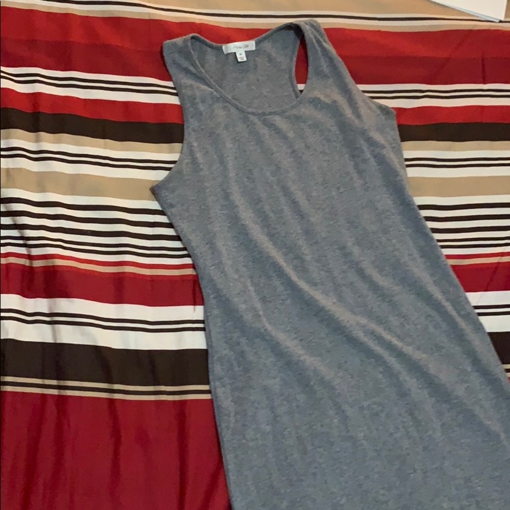 Long tight gray dress.